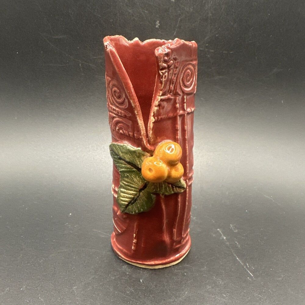 Vintage Pottery Hand Made Mini Bud Vase Red Glaze With Fruit 5.24” Tall Signed